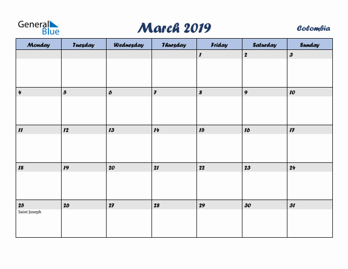 March 2019 Calendar with Holidays in Colombia