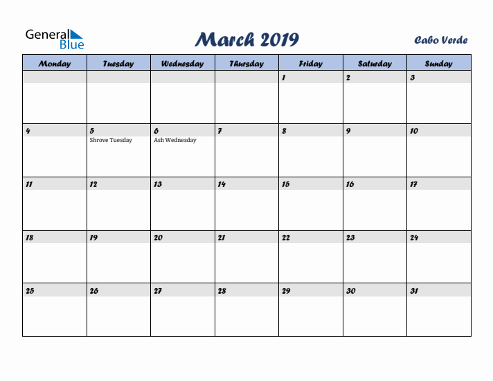 March 2019 Calendar with Holidays in Cabo Verde