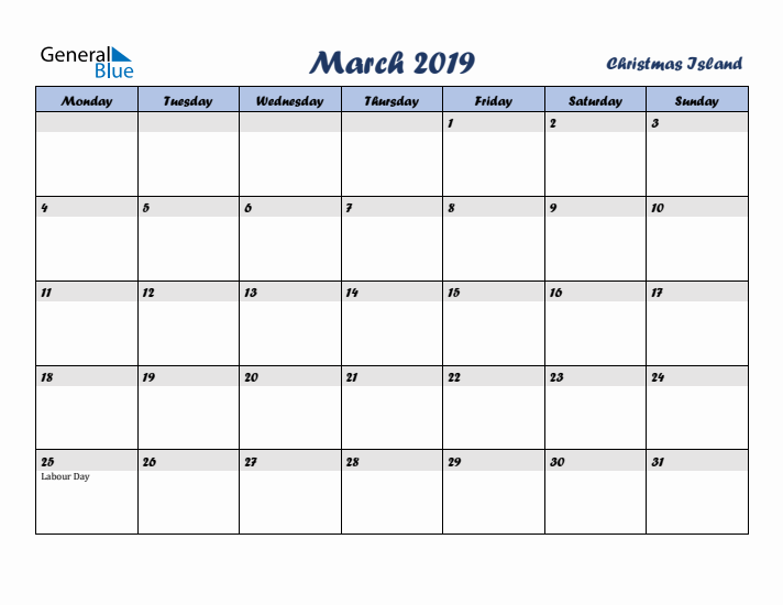 March 2019 Calendar with Holidays in Christmas Island