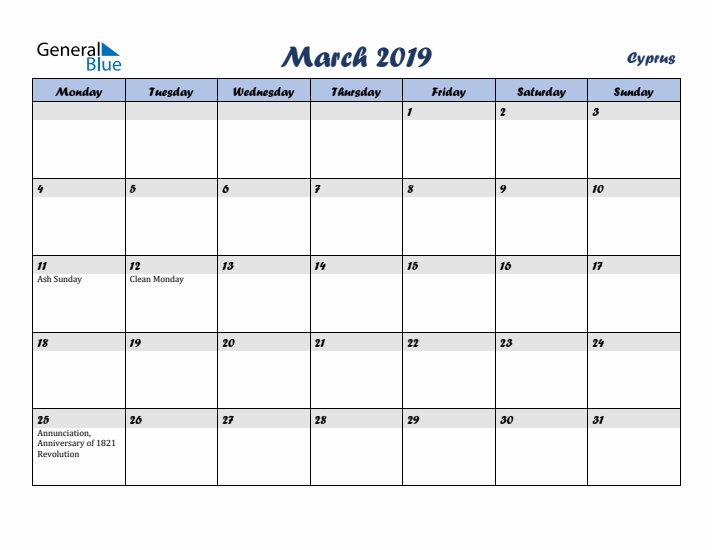 March 2019 Calendar with Holidays in Cyprus