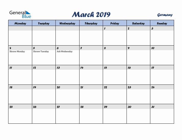 March 2019 Calendar with Holidays in Germany