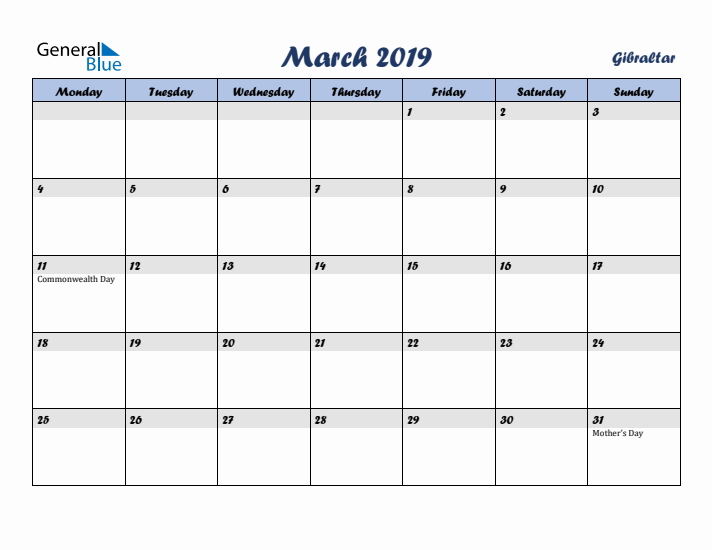 March 2019 Calendar with Holidays in Gibraltar