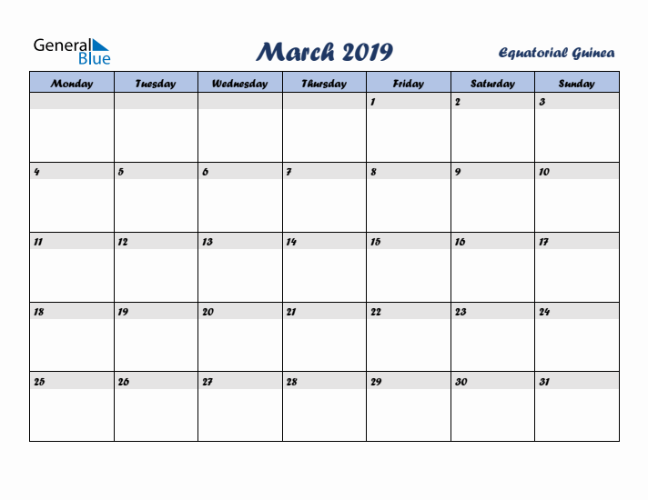 March 2019 Calendar with Holidays in Equatorial Guinea