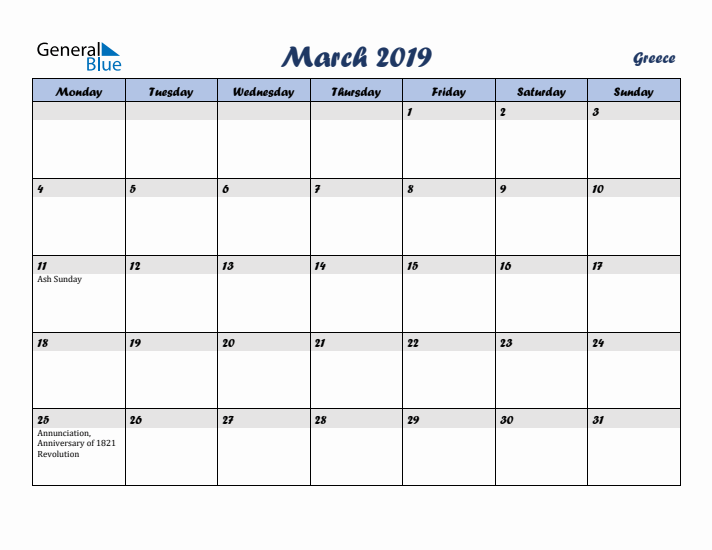 March 2019 Calendar with Holidays in Greece