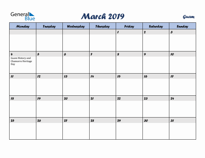 March 2019 Calendar with Holidays in Guam