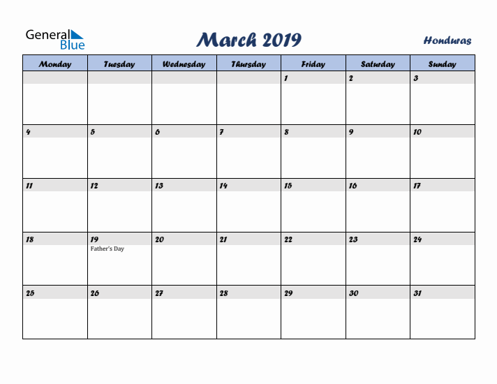 March 2019 Calendar with Holidays in Honduras