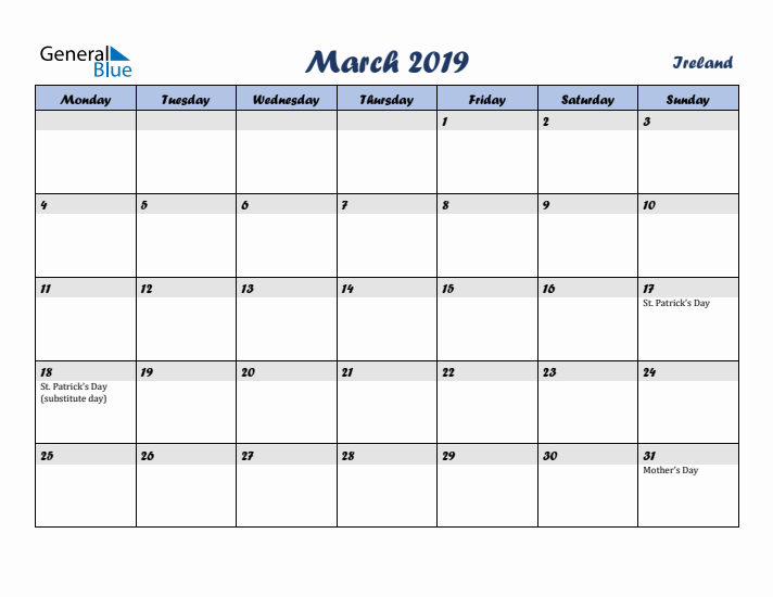 March 2019 Calendar with Holidays in Ireland
