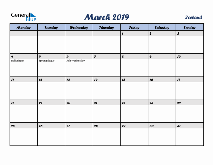 March 2019 Calendar with Holidays in Iceland