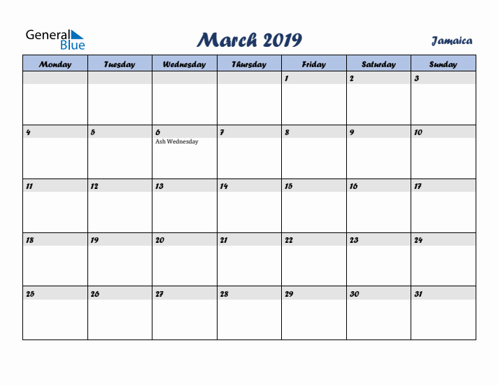 March 2019 Calendar with Holidays in Jamaica