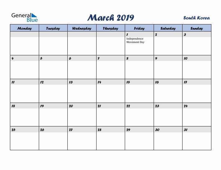 March 2019 Calendar with Holidays in South Korea