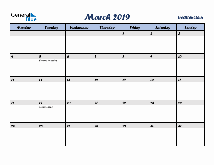 March 2019 Calendar with Holidays in Liechtenstein