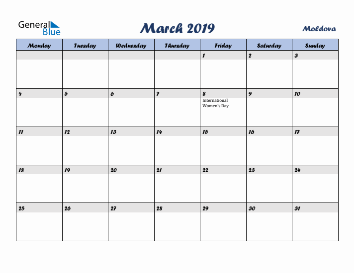 March 2019 Calendar with Holidays in Moldova