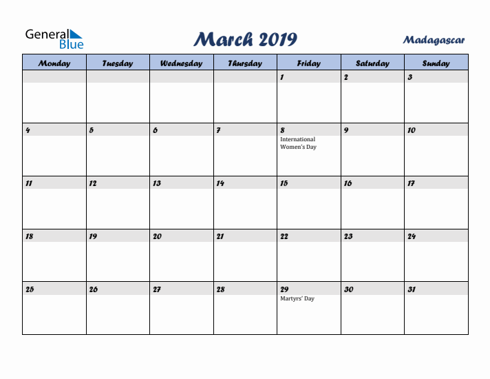 March 2019 Calendar with Holidays in Madagascar