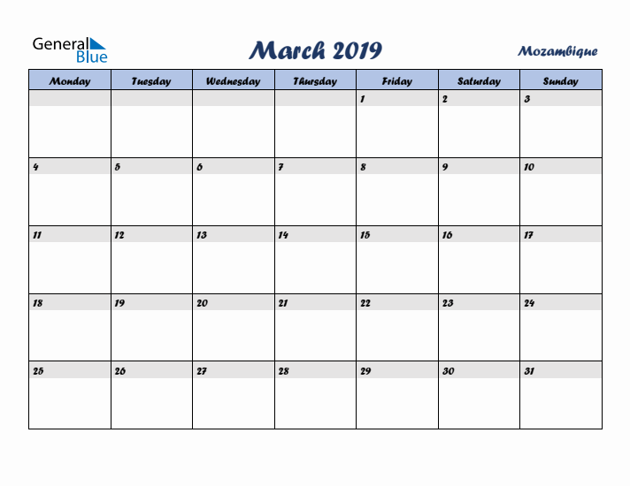 March 2019 Calendar with Holidays in Mozambique