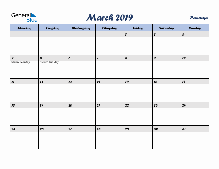 March 2019 Calendar with Holidays in Panama