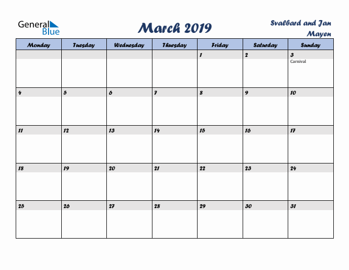 March 2019 Calendar with Holidays in Svalbard and Jan Mayen