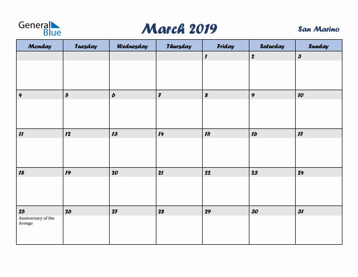 March 2019 Calendar with Holidays in San Marino