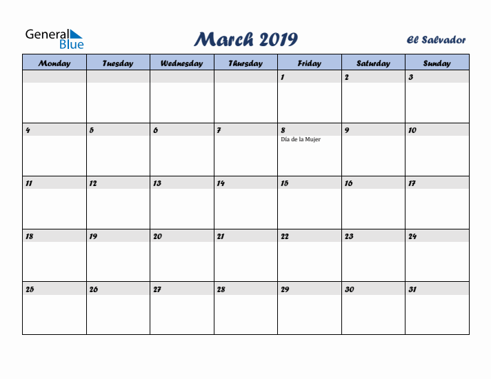 March 2019 Calendar with Holidays in El Salvador