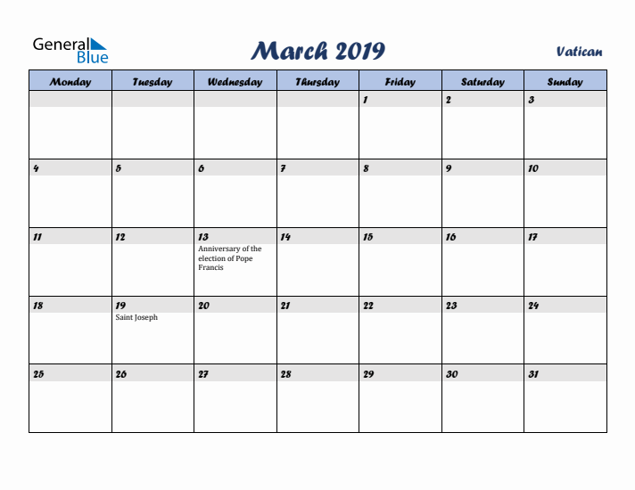 March 2019 Calendar with Holidays in Vatican