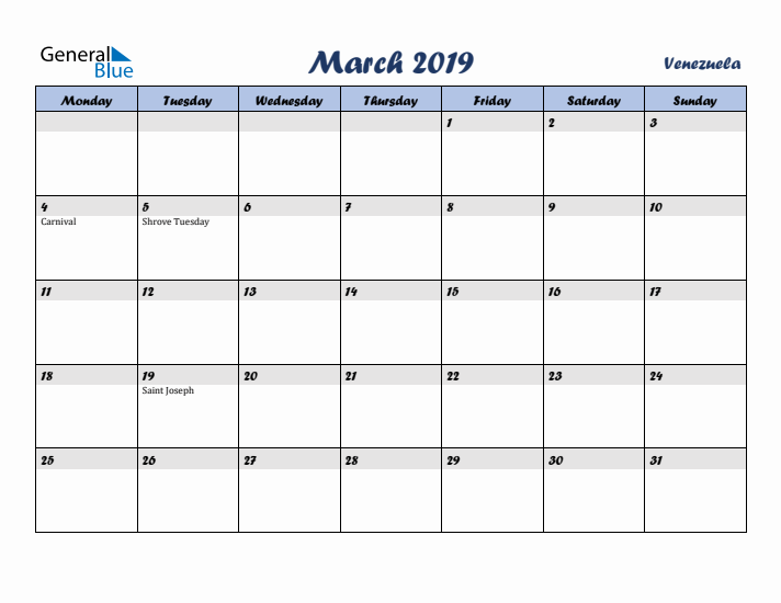 March 2019 Calendar with Holidays in Venezuela