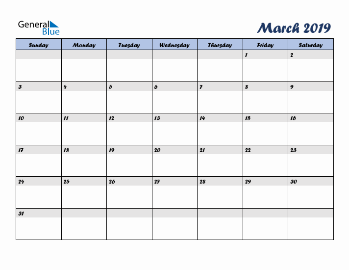 March 2019 Blue Calendar (Sunday Start)