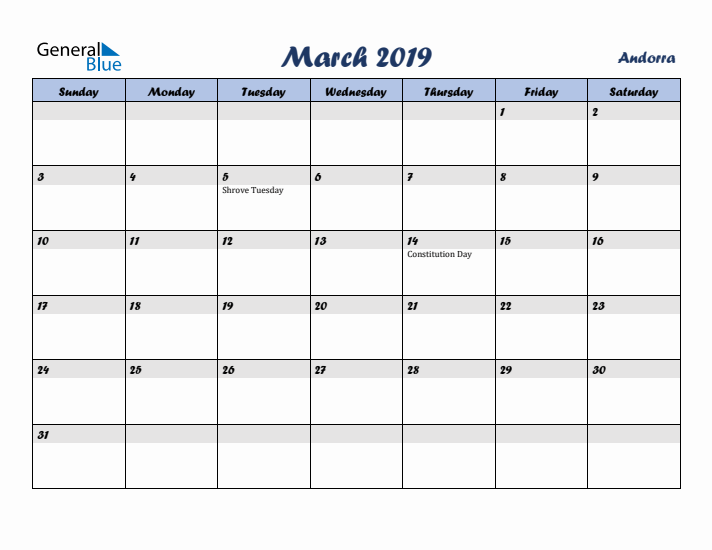 March 2019 Calendar with Holidays in Andorra