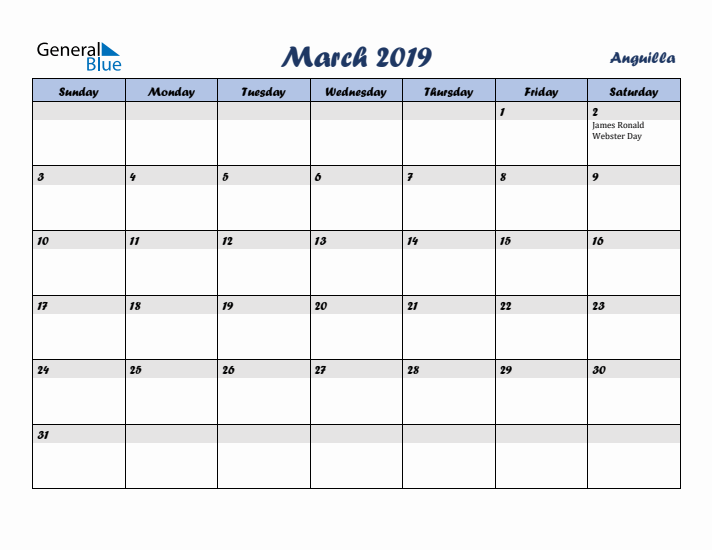 March 2019 Calendar with Holidays in Anguilla