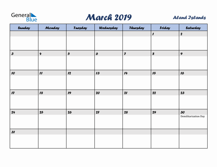 March 2019 Calendar with Holidays in Aland Islands