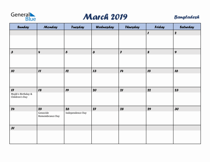 March 2019 Calendar with Holidays in Bangladesh