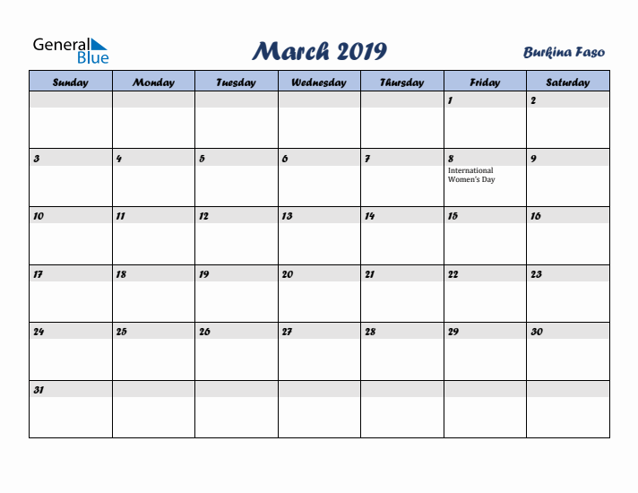 March 2019 Calendar with Holidays in Burkina Faso