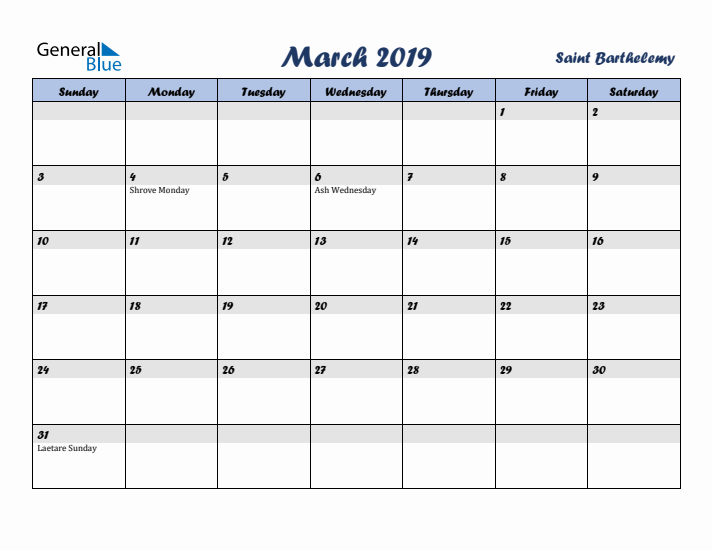 March 2019 Calendar with Holidays in Saint Barthelemy