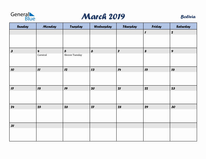 March 2019 Calendar with Holidays in Bolivia