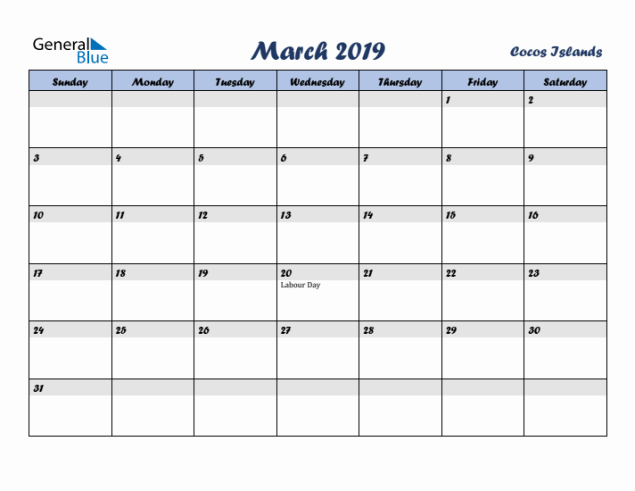 March 2019 Calendar with Holidays in Cocos Islands