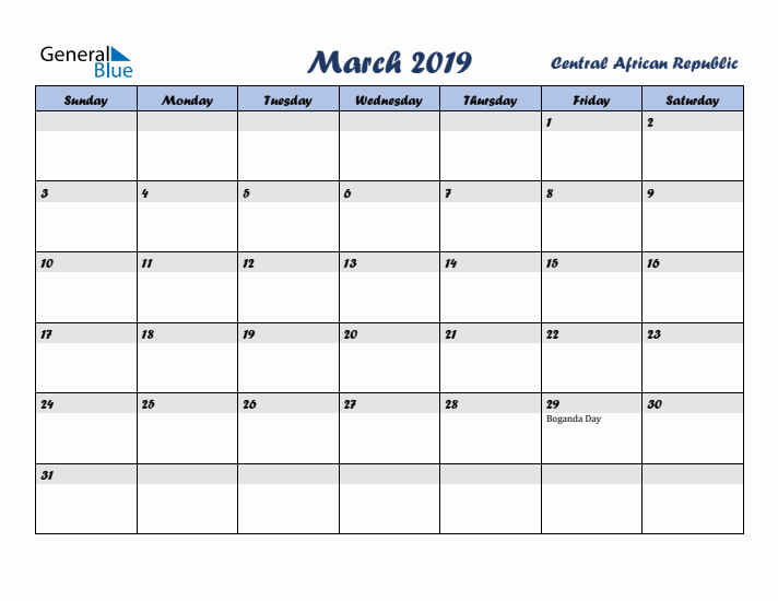 March 2019 Calendar with Holidays in Central African Republic