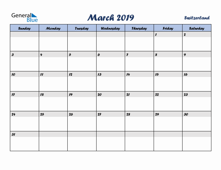 March 2019 Calendar with Holidays in Switzerland