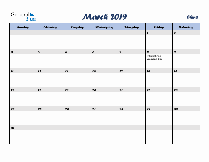 March 2019 Calendar with Holidays in China