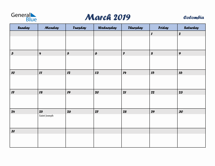 March 2019 Calendar with Holidays in Colombia