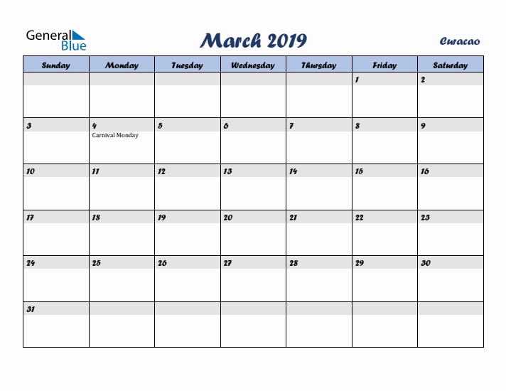 March 2019 Calendar with Holidays in Curacao