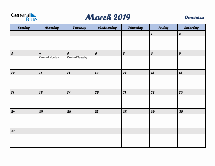 March 2019 Calendar with Holidays in Dominica