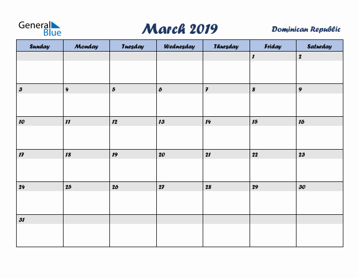 March 2019 Calendar with Holidays in Dominican Republic