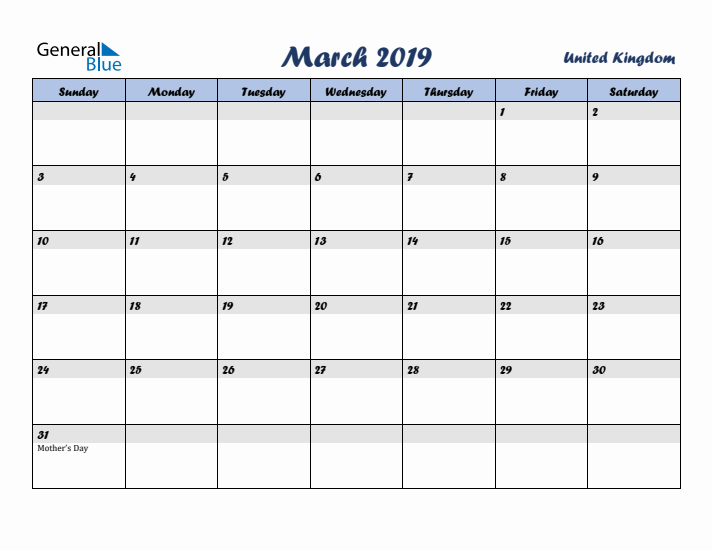 March 2019 Calendar with Holidays in United Kingdom