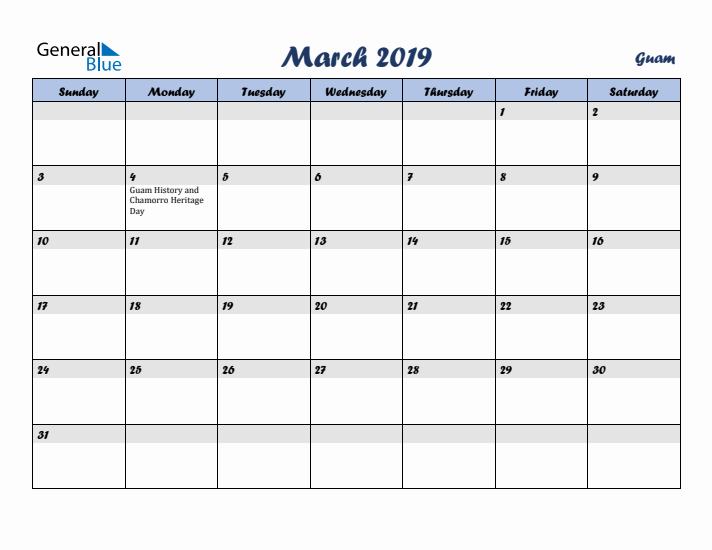 March 2019 Calendar with Holidays in Guam