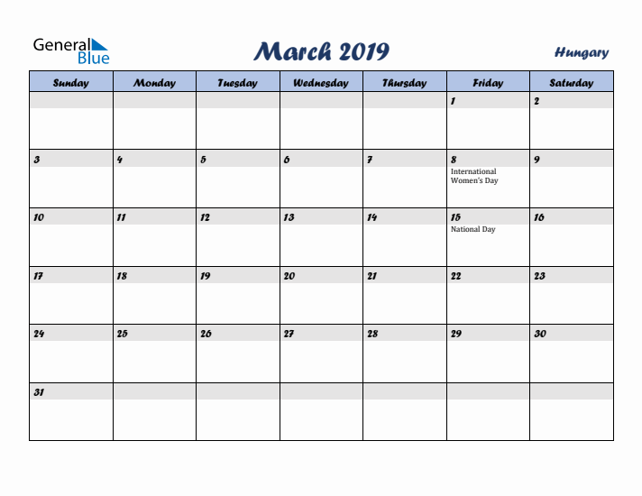 March 2019 Calendar with Holidays in Hungary