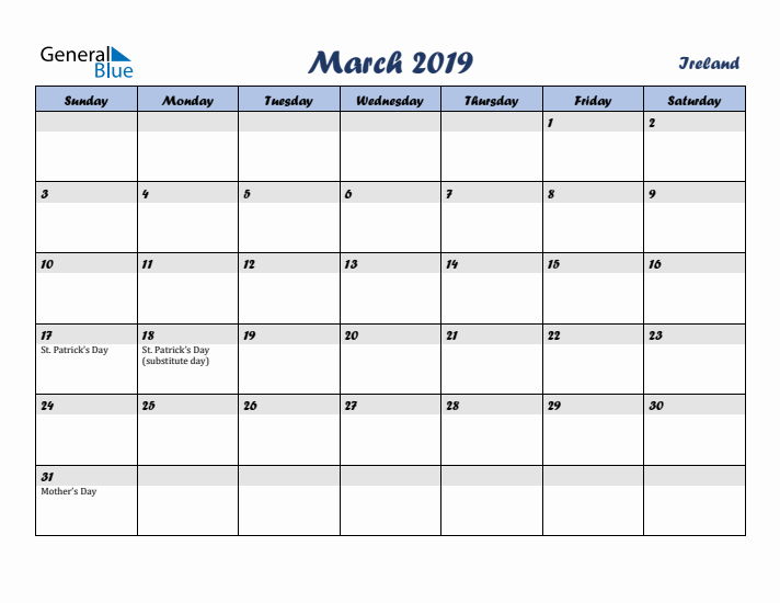March 2019 Calendar with Holidays in Ireland
