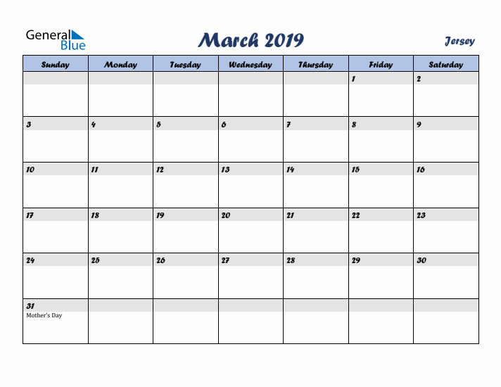 March 2019 Calendar with Holidays in Jersey