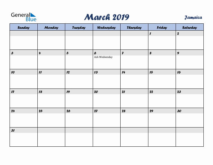 March 2019 Calendar with Holidays in Jamaica
