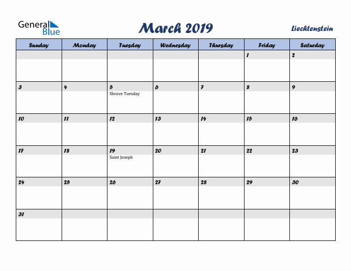 March 2019 Calendar with Holidays in Liechtenstein