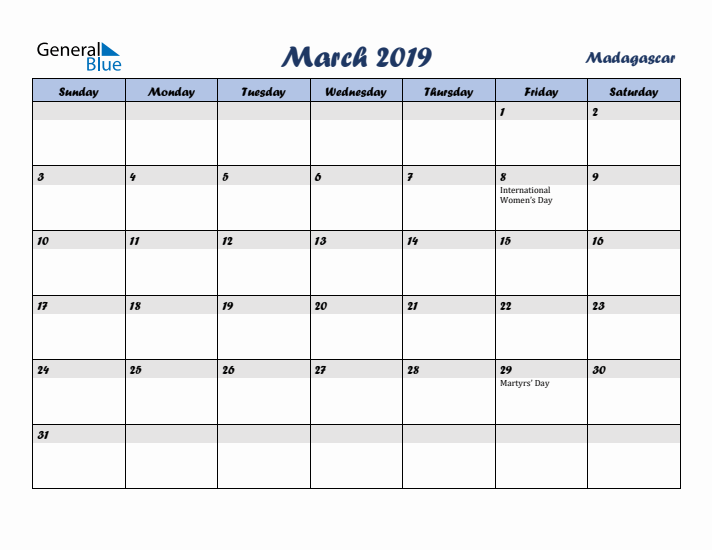 March 2019 Calendar with Holidays in Madagascar