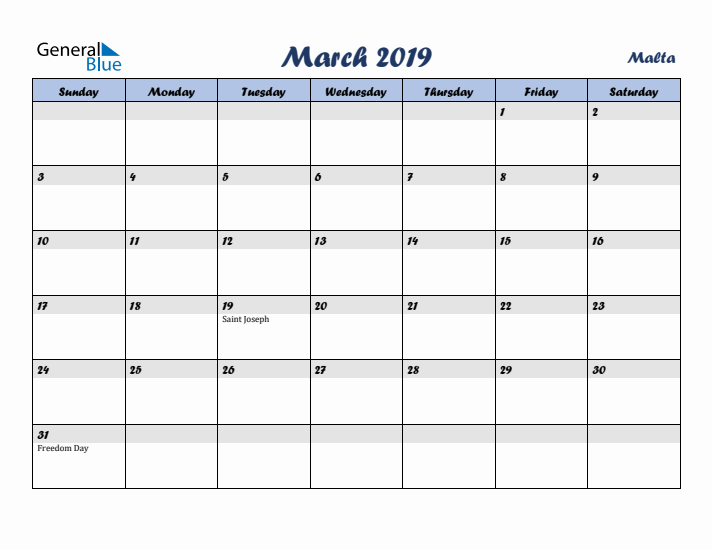 March 2019 Calendar with Holidays in Malta