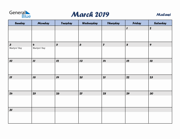 March 2019 Calendar with Holidays in Malawi